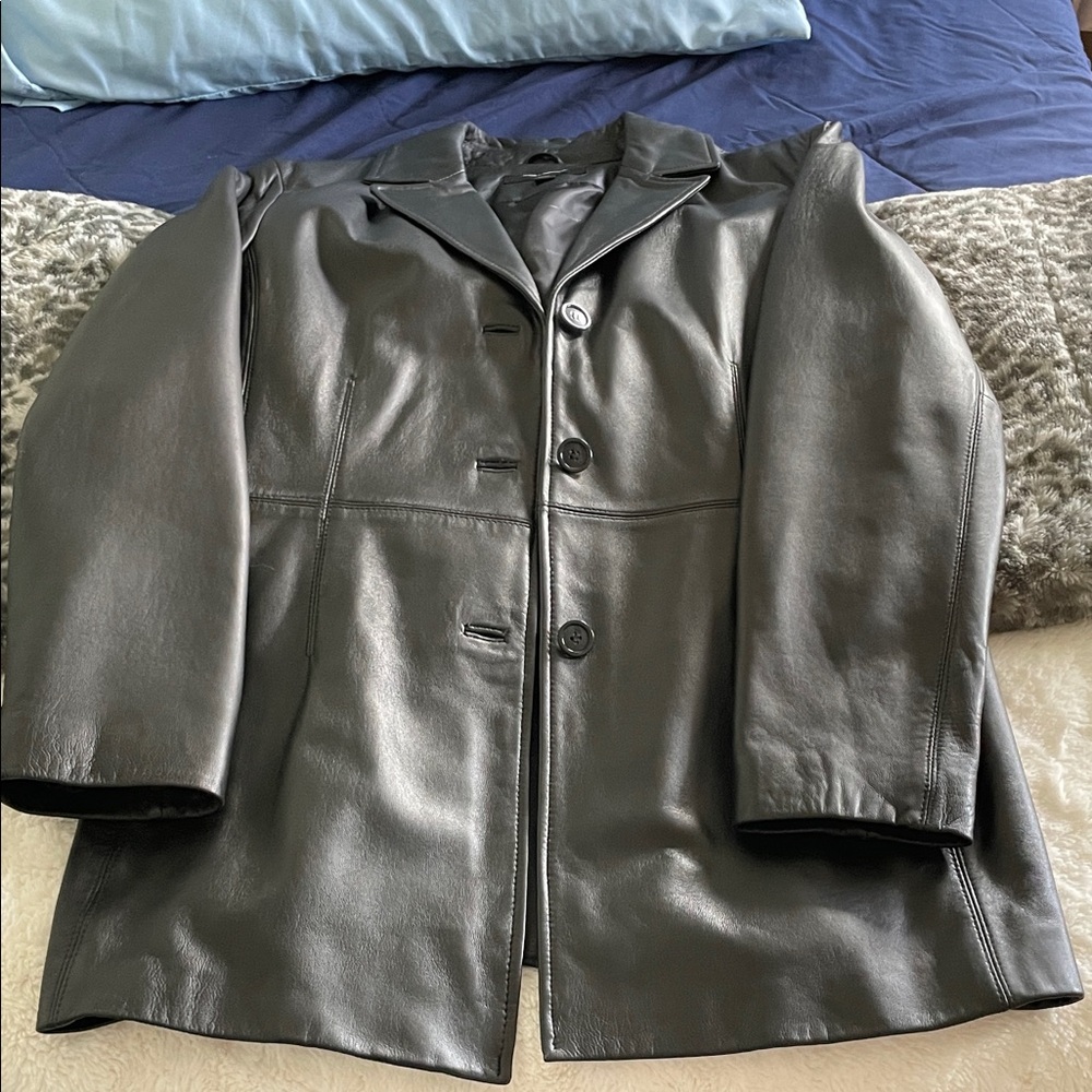 Women's Black Leather Button-Front Jacket
